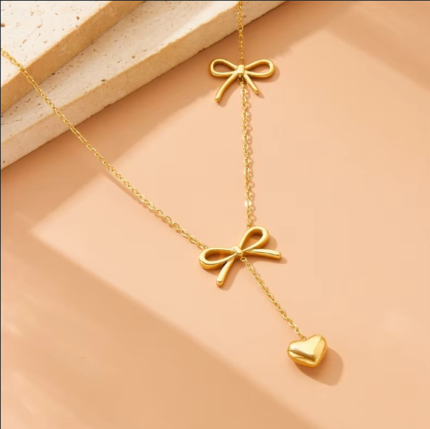 Dual Bow & Dropping Heart Necklace